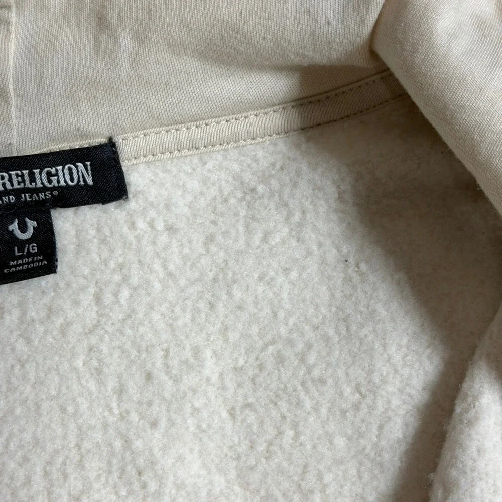 True Religion Mens Cream Full Zip Horseshoe Logo Fleece Hoodie Size Large L